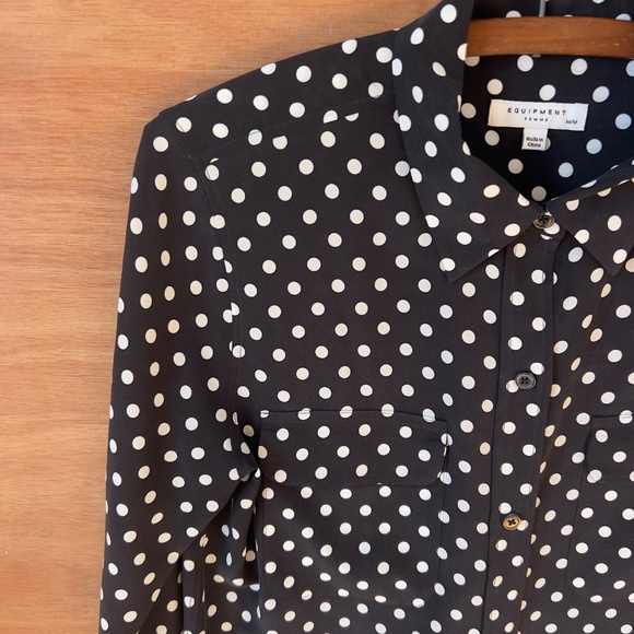 Equipment 100% silk polkadot blouse size M medium button up shirt black white - Picture 3 of 9